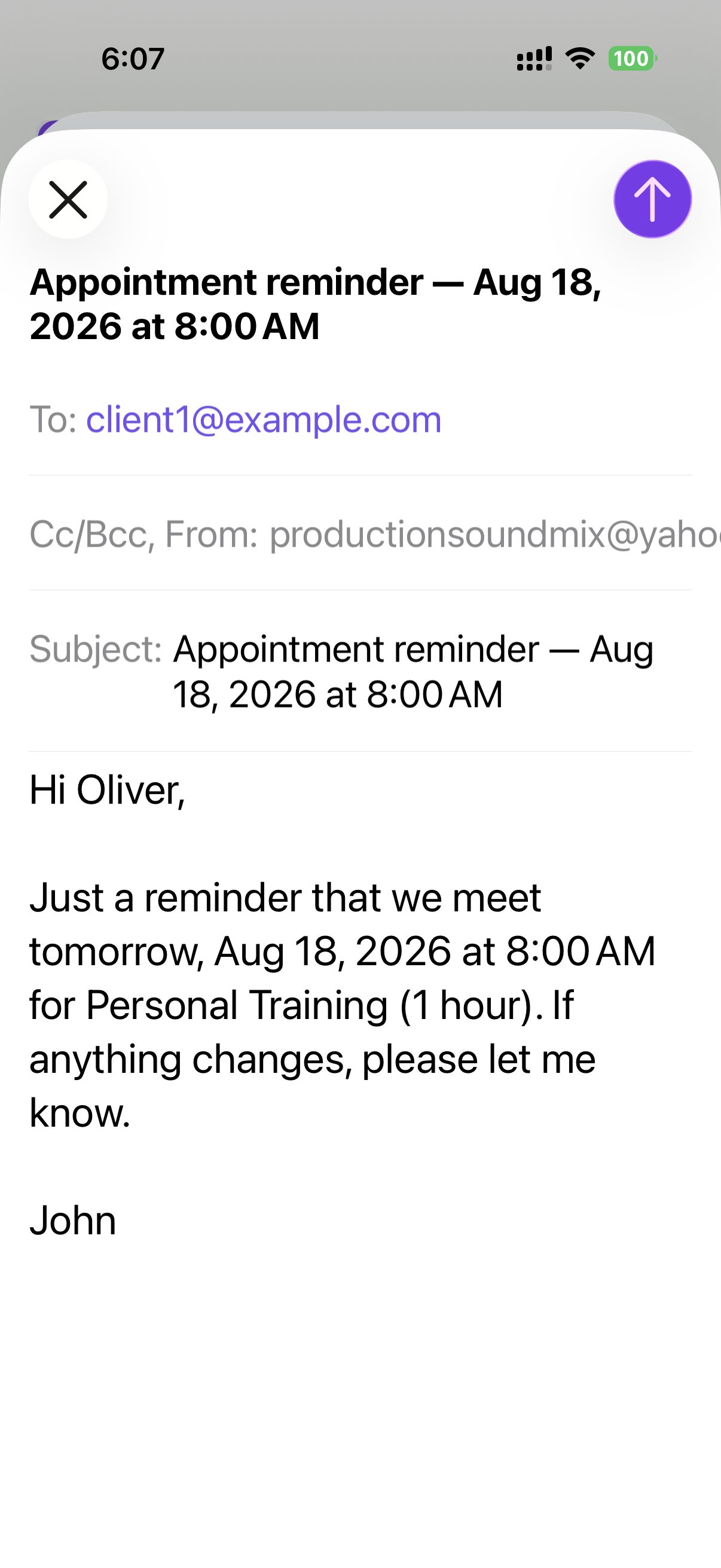 A prepared SmoothWeek appointment reminder open in an email composer, ready for final review and sending